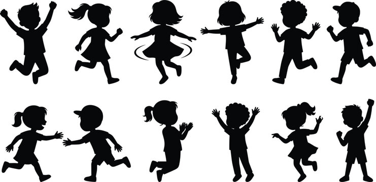 Happy children black silhouette vector collection featuring jumping running dancing playing and joyful kid activity poses