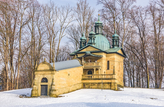 Mannerist architecture of Chapel of Pilates Palace on Moriah Hill in Kalwaria Zebrzydowska, Poland, UNESCO World Heritage Site in winter