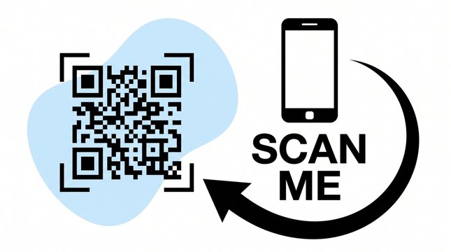 Digital qr code scanning instruction graphic with smartphone icon and call to action arrow with minimalist graphic design