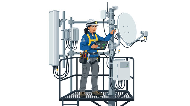Telecom technician working on cell tower, checking equipment on tablet