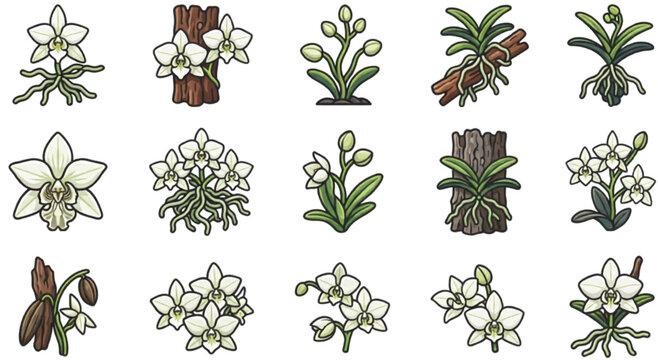 Botanical orchid flower icon set featuring blooming orchid blossoms aerial roots leaves floral arrangements and nature vector illustration