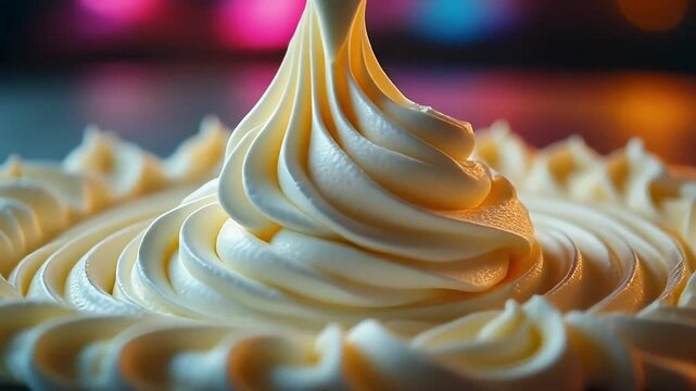 Macro slow motion video of cream cheese being piped into beautiful dessert patterns