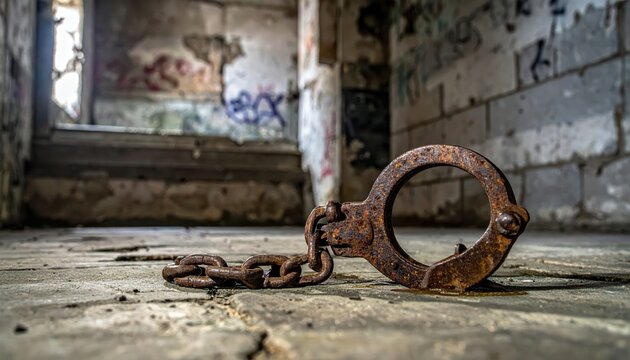 Rusty old handcuffs and chain lying on a cracked concrete floor in an abandoned building with graffiti on the walls.