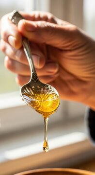 Hand pouring honey from spoon closeup.