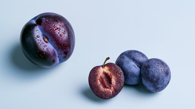 whole damson plum and juicy half with dew drops, fresh damson plum whole and cut half isolated, ripe damson plum with juicy cut surface and dew drops