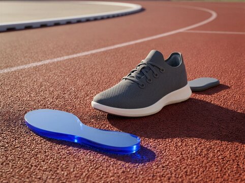 Running Shoe Rests Beside a Glass Footprint of Its Stride for Web Design