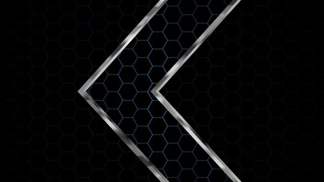 Dark tech background with metallic chevron arrows hexagonal grid animation