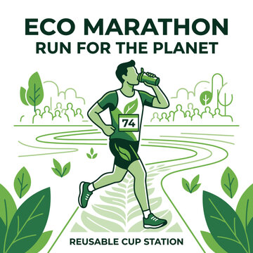 Healthy Runner Drinks Water Eco Marathon Sustainability Theme