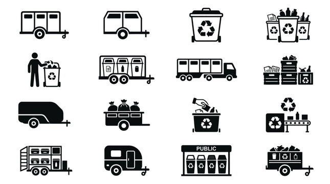 Waste management and recycling trailer black icons.