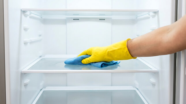 Person In Yellow Glove Wiping Glass Shelf Inside Empty Refrigerator At Home