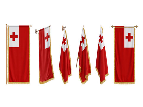 Tonga flags set on poles. Isolated national banners of Kingdom of Tonga on white background.