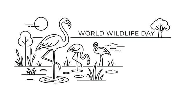 Minimalist Line Art Illustration Featuring Flamingos in a Wetland Habitat for World Wildlife Day.