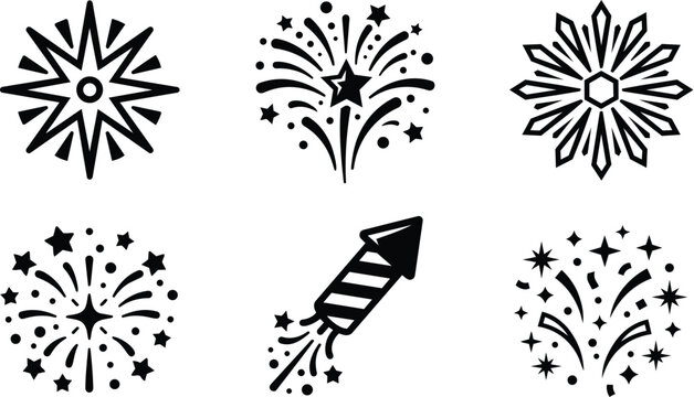 Vector fireworks icon set with rocket bursts and celebration sparks