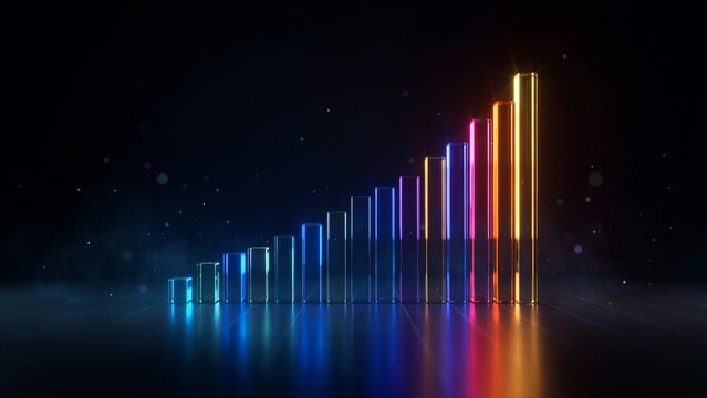 A vibrant bar graph showing upward growth trends with colorful glowing neon light columns on a dark reflective background surface