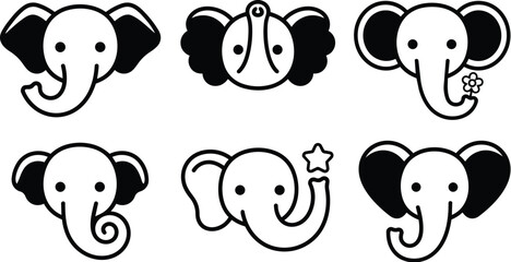 Cute elephant vector icons set with cartoon faces and playful trunks in black outline © Royal Ability