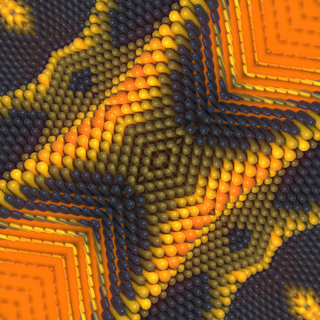 A geometric 3D pattern in orange and dark gray tones. A symmetrical abstraction