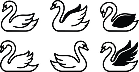 Six black and white vector swans in minimalist line art, arranged in two rows on white background © Royal Ability