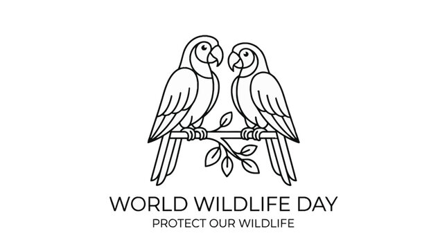 Minimalist Line Art Illustration of Two Parrots on a Branch for World Wildlife Day.