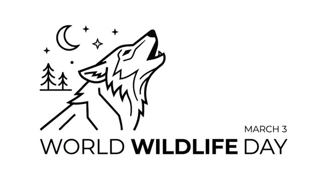 Minimalist howling wolf line art illustration for World Wildlife Day.