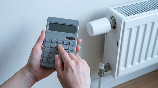 Calculating heating costs with a calculator next to a home radiator