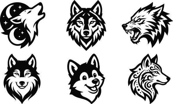 Set of six black and white wolf vector icons for logos and tattoos