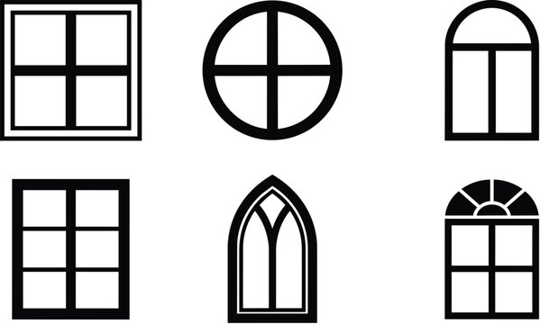 Vector line art set of arched and square window icons in black outlines