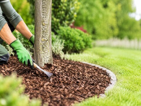Gardener spreading bark mulch around a tree in a landscaped garden. Soil protection, moisture retention, weed control and professional seasonal garden care concept.