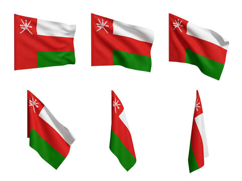 Oman flag set on transparent background. Waving national flags of Oman in various angles.