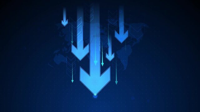Digital arrows pointing downward overlaid on a dark world map background animation