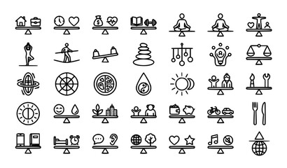 Fototapeta premium Life balance and harmony outline icons | Work life stability wellness equilibrium symbols editable stroke collection on white