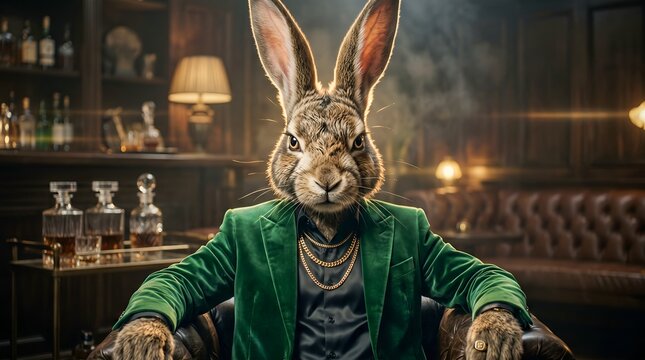 Anthropomorphic rabbit boss in green velvet blazer sitting in leather armchair