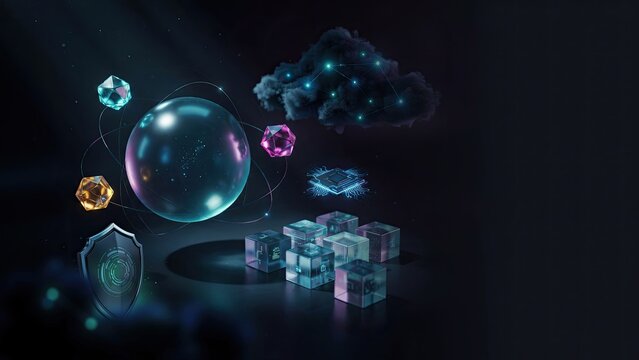 Data spheres and geometric cubes represent a complex digital network within a secure and modern virtual environment.