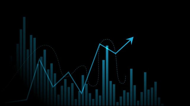 Business chart with bar graph rising line and upward arrow over a faint world map animation, Business growth analytics and market success