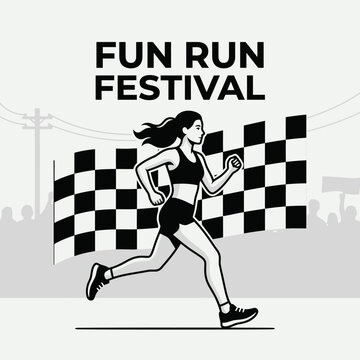 Energetic Woman Crossing Finish Line At Fun Run Festival Celebration