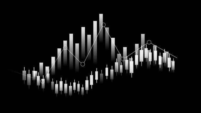Monochrome financial chart with candlesticks and volume bars animation