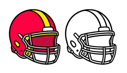 Football helmet illustration icon in line art and colored style, for coloring page or UI/UX app design