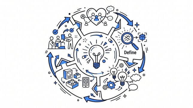 Design thinking process infographic, creative problem solving cycle with light bulb icon, business innovation and product development workflow diagram