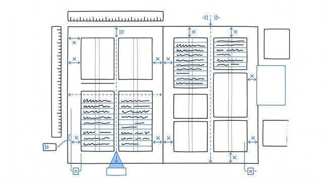 Technical editorial layout blueprint, magazine grid system with measurement rulers, professional publishing wireframe for print design