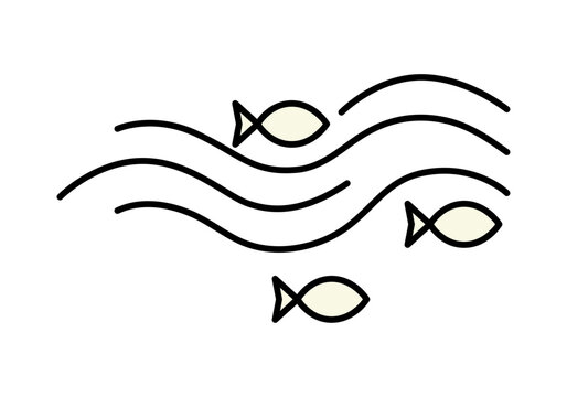 Peces nadando entre olas marinas con trazo lineal