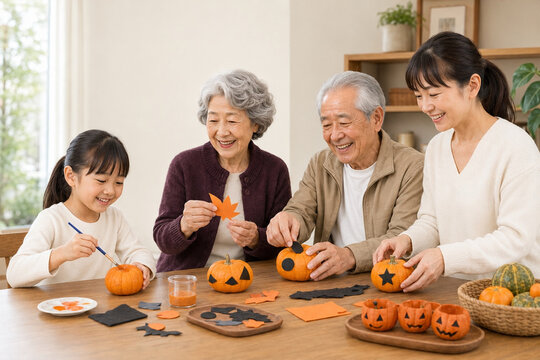 孫娘とカボチャの飾りを手作りする笑顔の祖父母と娘