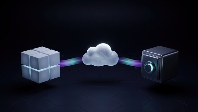 Cybersecurity cloud acts as a secure intermediary for sensitive information between two modular encrypted cubes.