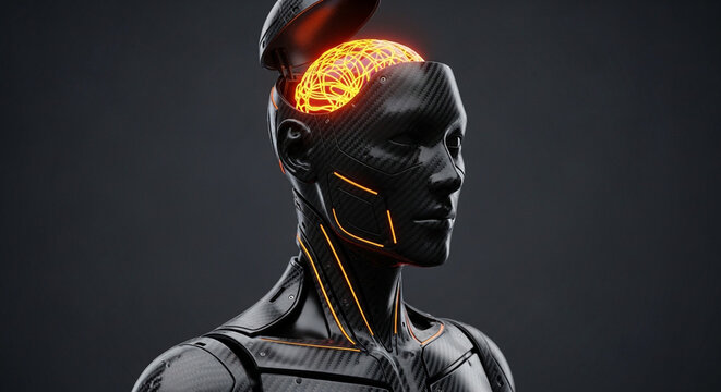Futuristic robot with glowing brain, artificial intelligence concept.