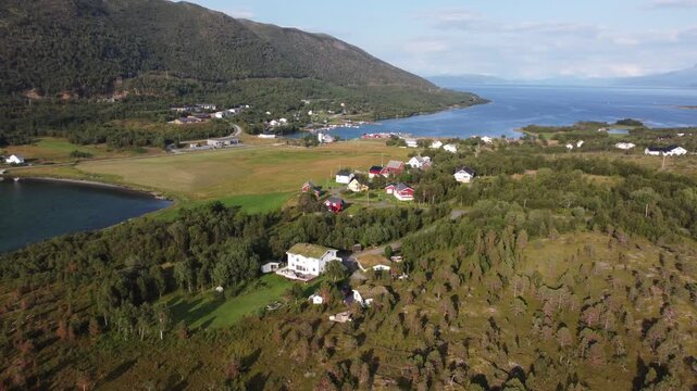 Aerial flyover of Stonglandseidet coast in Senja Norway