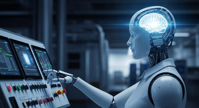 A futuristic humanoid robot with a glowing brain interacts with a complex control panel in a high-tech industrial setting, symbolizing artificial intelligence and automation.