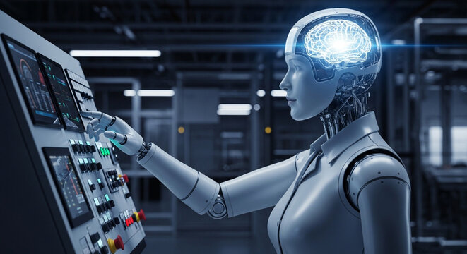A humanoid robot with a glowing brain operates a complex control panel in an advanced industrial setting, symbolizing artificial intelligence in manufacturing.