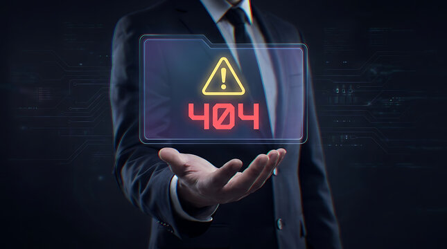 Professional man in suit presenting a digital holographic 404 error page not found screen