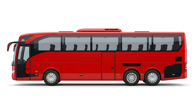 Modern Red Long-Distance Travel Bus Coach for Tourism and Passenger Transport on White Background