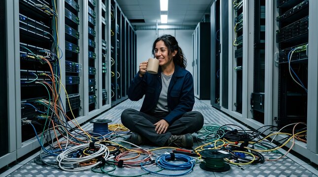 Female network engineer sitting in server room drinking coffee with cables
