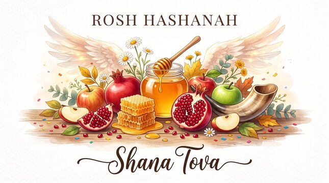 Rosh Hashanah traditional Jewish New Year celebration with festive food. Pomegranates, apples, honey, and challah bread for Shana Tova holiday tabl..