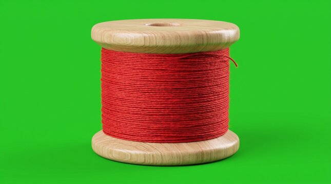 Red Thread on Wooden Spool: A close-up shot captures a wooden spool wound with vibrant red thread, set against a simple green background, highlighting the texture and color of the material.